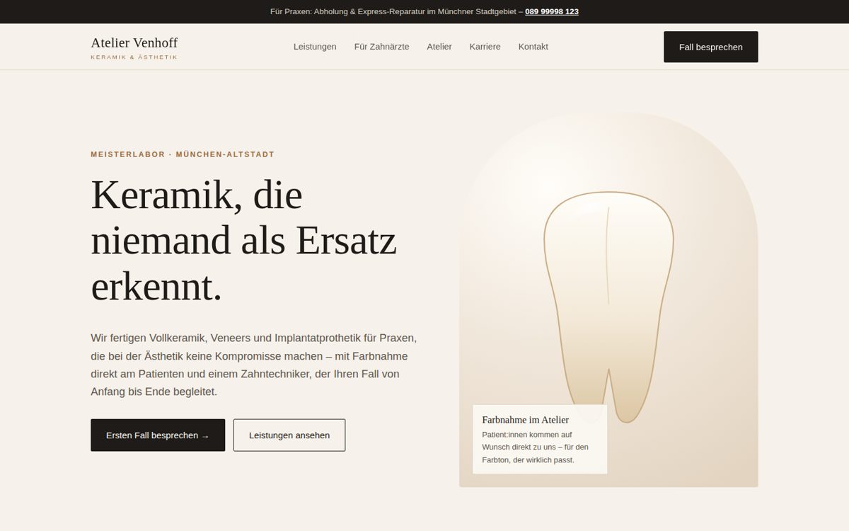 Desktop-Ansicht der Konzept-Website Atelier Venhoff