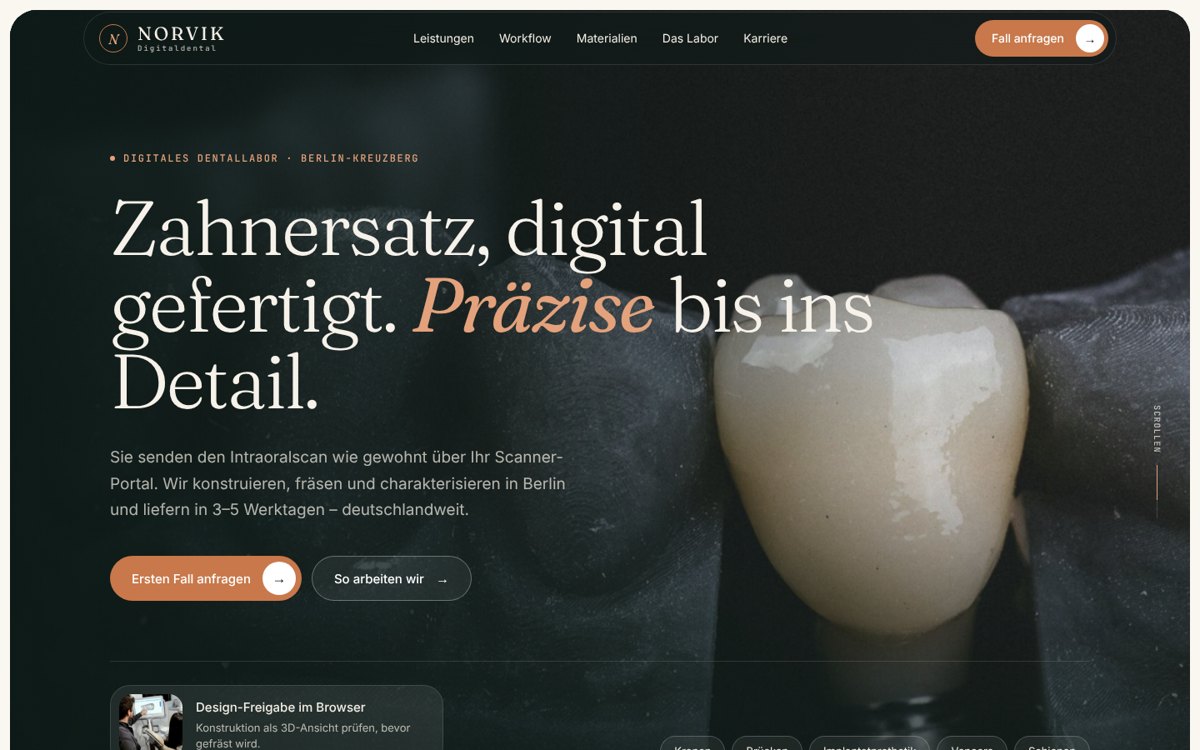 Desktop-Ansicht der Konzept-Website NORVIK Digitaldental