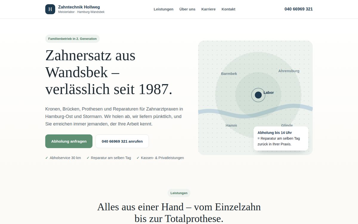 Desktop-Ansicht der Konzept-Website Zahntechnik Hollweg